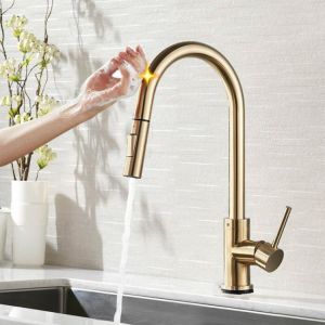 Shop&More Brushed Gold Stainless Steel Kitchen Sink Faucets Mixer 360 ° Rotation Smart Touch Sensor Pull Out Hot Cold Water Mixer Tap Cr