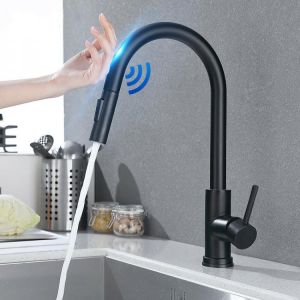 Shop&More Kitchen  Matte Black Stainless Steel Kitchen Sink Faucets Mixer Smart Touch Sensor Pull Out Hot Cold Water Mixer Tap Crane